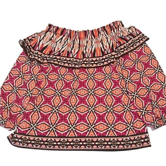 Chico’s Graphic Pattern‎ Off the Shoulder Long Sleeves Top Size Medium - Picture 6 of 14